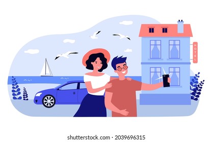 Cartoon couple taking selfie together in front of hotel. Boyfriend and girlfriend taking photo on phone near beach flat vector illustration. Traveling, vacation concept for banner, website design