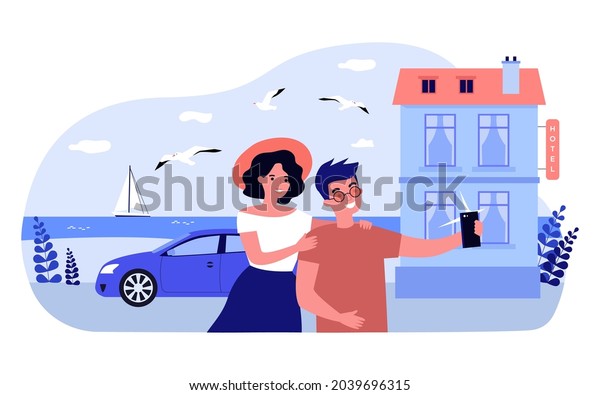 Cartoon couple taking selfie together in front of\
hotel. Boyfriend and girlfriend taking photo on phone near beach\
flat vector illustration. Traveling, vacation concept for banner,\
website design