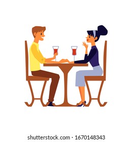 Cartoon couple talking and drinking red wine sitting at restaurant table - young man and woman romance date at bar. Flat vector illustration isolated on white background.
