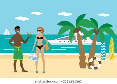 Cartoon couple teenagers in swimsuit on the tropical beach, african american boy and european girl. Vacation, summertime, holidays concept. flat vector illustration