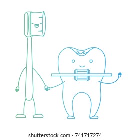 cartoon couple toothbrush and tooth with brace in degraded green to blue color contour vector illustration
