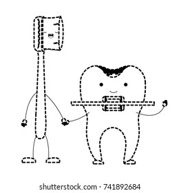 cartoon couple toothbrush and tooth with brace in black dotted silhouette vector illustration