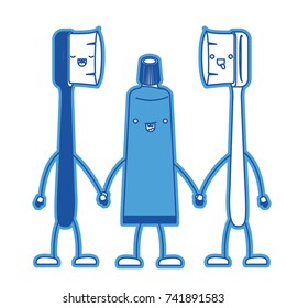 cartoon couple toothbrushes and toothpaste in blue silhouette vector illustration