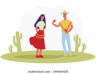 Cartoon Couple in Traditional Mexican Costume Vector Illustration. Man Mustache in Sombrero Hat Play Marocas. Woman in Ethnic Dress Dance. Folk Music. People Hispanic Holiday Celebration