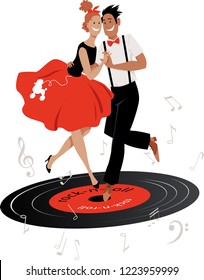 Cartoon couple in vintage clothing dancing rock-and-roll on a vinyl record, EPS 8 vector illustration