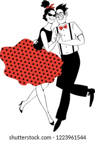 Cartoon couple in vintage clothing dancing rock-and-roll on a vinyl record, EPS 8 vector illustration, no white objects, red is on the  separate layer 