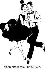 Cartoon couple in vintage clothing dancing rock-and-roll, EPS 8 vector illustration, no white objects