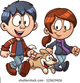 Cartoon couple walking dog. Vector clip art illustration with simple gradients. Each in a separate layer for easy editing.