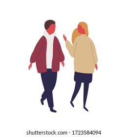 Cartoon couple walking and talking each other vector flat illustration. Colorful man and woman communicating during date isolated on white background. Casual people enjoying friendly conversation