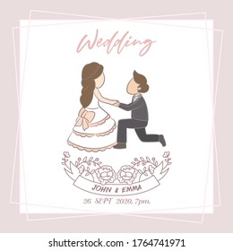 cartoon couple wedding invitation card with rose.