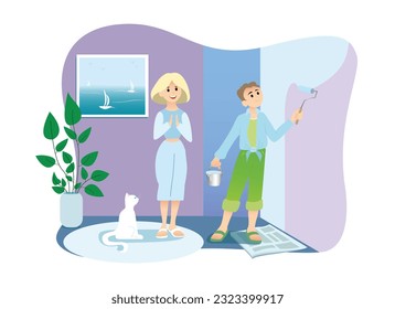 Cartoon couple of workers paint walls. Process of apartment renovation. Redecorating house interior with family. House renovation and repairing. Vector illustration