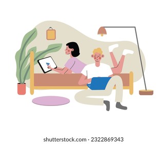 Cartoon couple working from home on laptops. Benefit of remote job. Distant work and telecommuting career. Freelancers, copywriters, and graphic designers. Vector