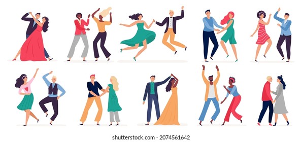 Cartoon couples dancing in club, tango, waltz and swing. Man and woman having training lessons. Female and male characters doing movements and steps at party vector set. Dancers in elegant costumes