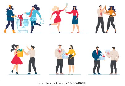 Cartoon Couples and Friends Characters Flat Set. Different Relations and Actions. People Going Shopping, Celebrating Holiday or Business Success, Working. Social Interaction. Vector Illustration