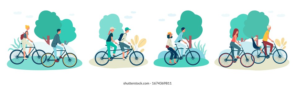 Cartoon couples riding bicycle on summer park, young man and woman on different types of bike - separate, tandem, shared and baby seat. Flat isolated vector illustration set.