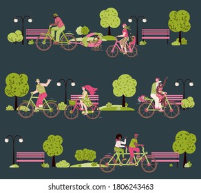 Cartoon couples riding bicycles together in night park - family with children and young people at evening bike ride in nature. Flat isolated vector illustration set,