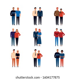 cartoon couples standing icon set over white background, colorful design, vector illustration