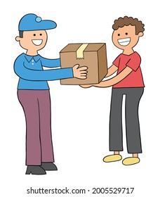 Cartoon courier brings the parcel, the customer receives the parcel, vector illustration. Colored and black outlines.