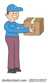 El mensajero de dibujos animados trae el paquete, ilustración vectorial. Bordes de colores y negros.
