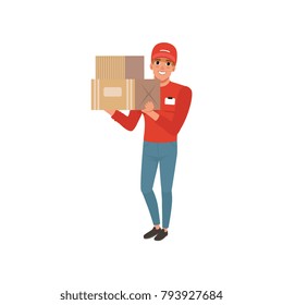 Cartoon courier character holding two cardboard boxes in hands. Cheerful young man in red cap, sweater and blue jeans. Worker of delivering service. Flat vector design