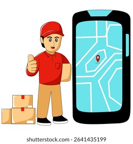 cartoon courier delivering package with package box ready to send