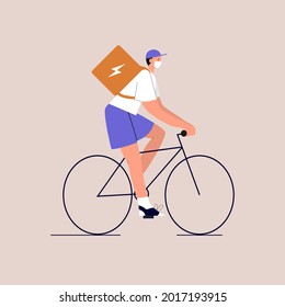 Cartoon courier in a medical mask with a box on his back rides a bicycle. Eco-friendly urban transport. Lifestyle after quarantine. Vector illustration in flat style on isolated background. Eps 10.