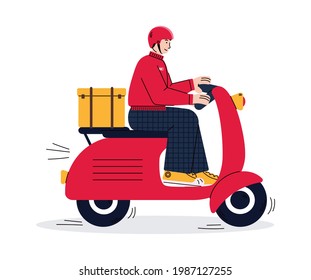 Cartoon courier riding red delivery scooter - vector illustration from side view isolated on white background. Man in helmet driving motorbike and smiling.