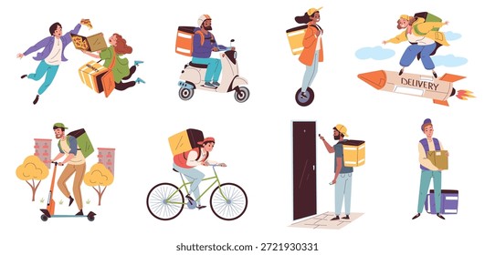 Cartoon couriers characters. Delivery logistic service workers, courier with backpack food box deliveryman fast delivers ecommerce orders parcels mailman classy vector illustration - Powered by Shutterstock - Get 15% off with code: PIKWIZARD15