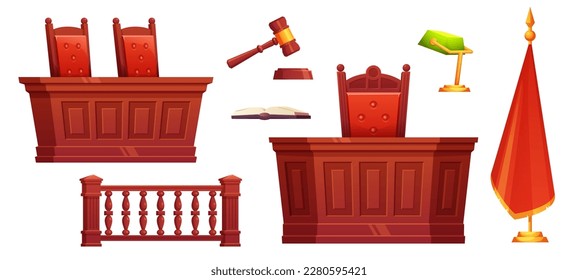 Cartoon court room interior vector set. Trial hall inside furniture with seat, lawyer desk, gavel and red flag. Courthouse office object collection to create diy law scene in game. Wood fence and lamp