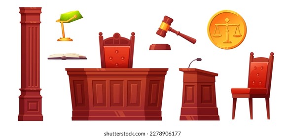 Cartoon courtroom furniture and design elements isolated on white background. Vector illustration of classic wooden rostrum, chairs, judge desk, lamp, gavel, golden emblem with justice libra symbol