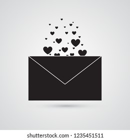 Cartoon cover with hearts for Illustration of Valentines Day. Symbol of love correspondence. Carved silhouette flat icon, simple vector design.