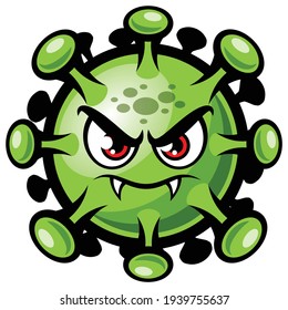 Cartoon Covid-19 coronavirus. Funny angry corona virus character vector illustration isolated on white background.