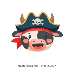 Cartoon cow animal pirate and corsair. Sailor and captain, skipper and boatswain character. Isolated vector cute kawaii calf filibuster personage face with a wide smile, bandana and tricorn rover hat