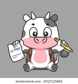 Cartoon cow animal school writing with pencil and paper