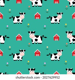 Cartoon cow and barn Seamless Pattern. Design for decorating, wallpaper, wrapping paper, fabric.