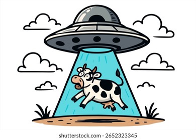 Cartoon cow being abducted by a UFO with a blue light beam, perfect for a fun t-shirt print.