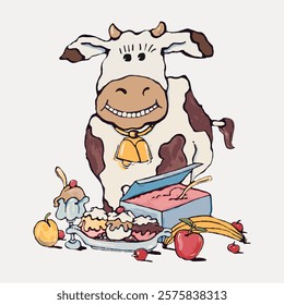 Cartoon cow with a bell, surrounded by ice cream, fruit, and desserts. Smiling cow with ice cream, fruit, and desserts. Happy cow enjoying ice cream and fruit. Isolated vintage vector element.