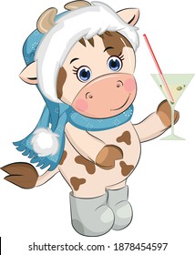 cartoon cow in a blue christmas hat with a martini glass. Vector illustration