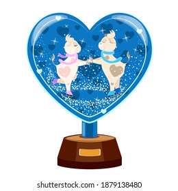 Cartoon cow and bull in love are skating in a snowy glass heart on a stand. Colorful vector illustration.