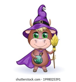 Cartoon cow, bull with a potion and a broom in a purple witch hat and cloak. Halloween poster