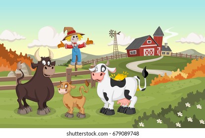 Cartoon cow, calf and bull. Farm background.
