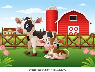 Cartoon Cow And Calf With Farm Background