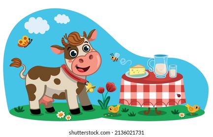 Cartoon cow character and dairy products vector illustration. 