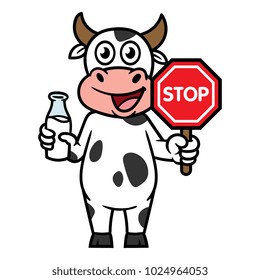 Cartoon Cow Character Holding Stop Sign and Bottle of Milk