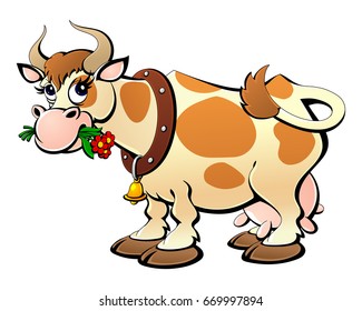 Cartoon cow chewing grass.
