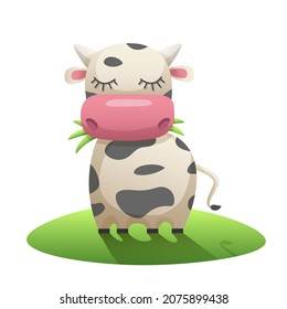 Cartoon cow chewing grass in the meadow. Funny stylish spotted cow, vector illustration isolated on white background.