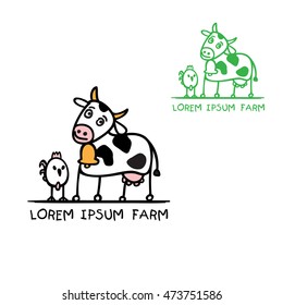 Cartoon cow and chicken funny farm logo vector illustration
