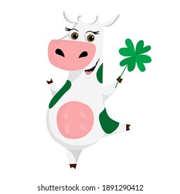 Cartoon Cow with clover. St. Patrick's Day vector illustration.Postcard, poster, banner, print design.