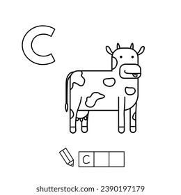 Páginas de dibujo animado de vacas coloreadas. Juego de aprendizaje para niños pequeños - escribe una palabra en inglés. Alfabeto vectorial para niños