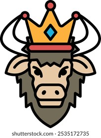 A cartoon cow with a crown on its head. The cow has a menacing look on its face